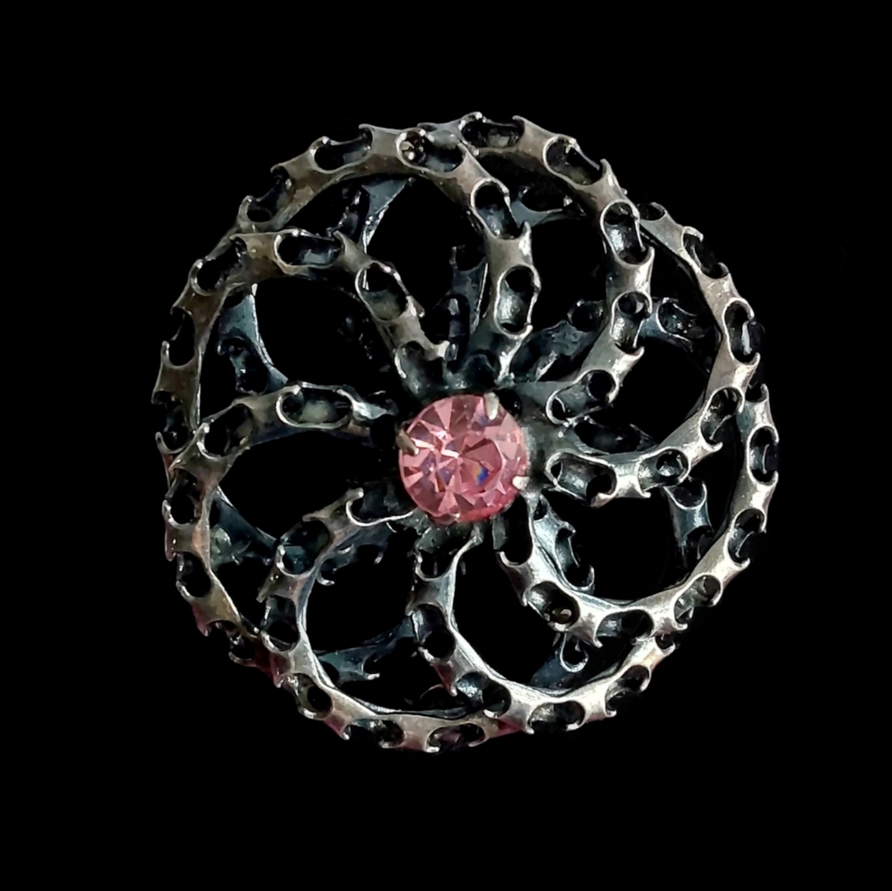 Vintage Whimsigoth Black  Brooch Pin with Pink Gem